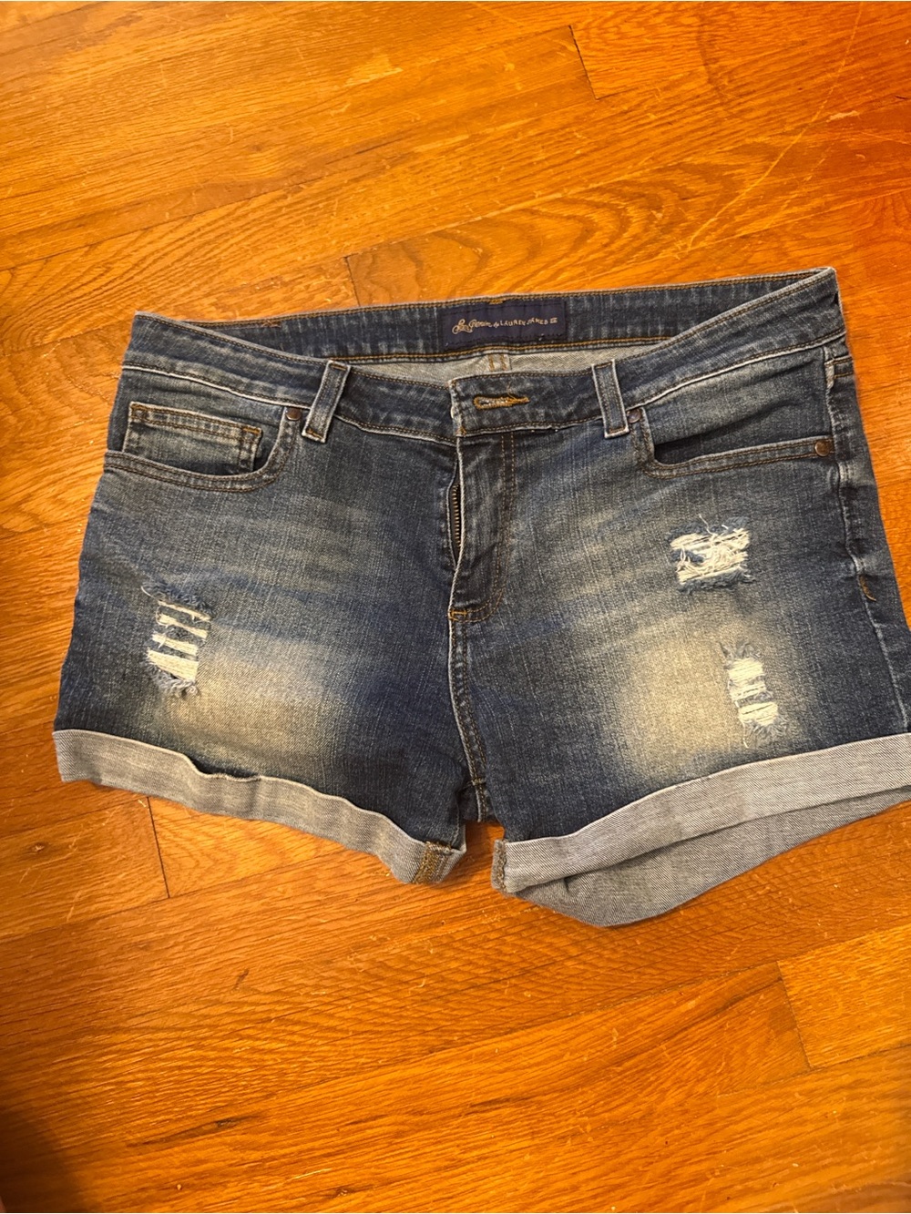 Lauren James Medium Wash Distressed Denim Roll-Cuff Shorts